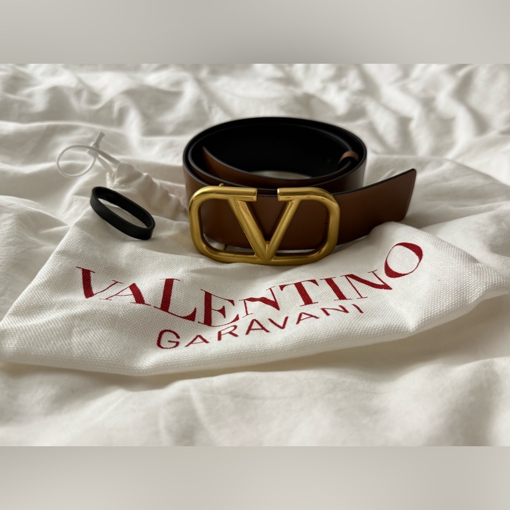 Valentino Garavani Reversible Leather Belt with Gold Buckle